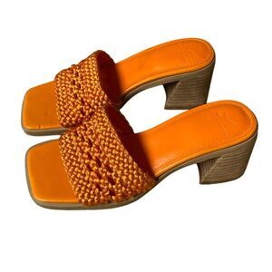 NEW Marc Fisher Jaxxon Square Toe Heeled Sandals Size 5.5 Orange Woven Strap